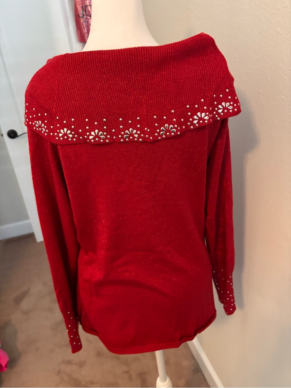 Red Off-Shoulder Beaded Women's Sweater